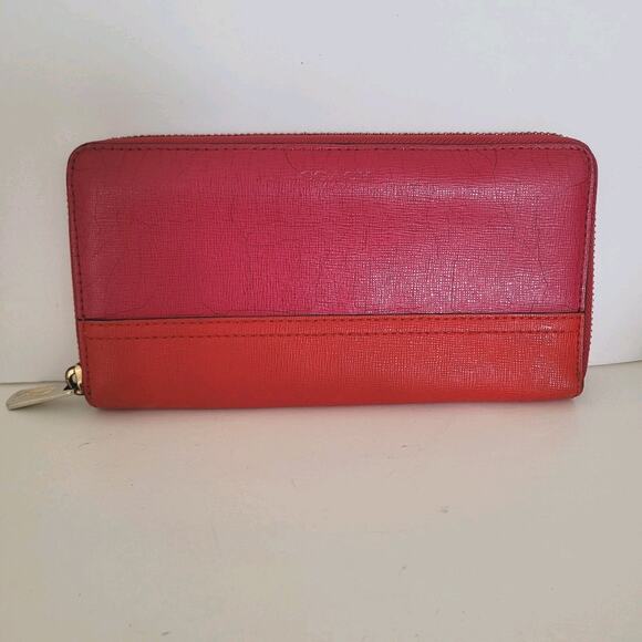 Coach Accordion Zip Around Wallet Pink Red Large Saffiano Leather - Picture 1 of 8